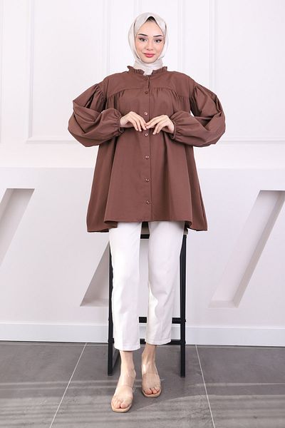 İmajButik Brown Collar Ruffled Balloon Sleeve Tunic