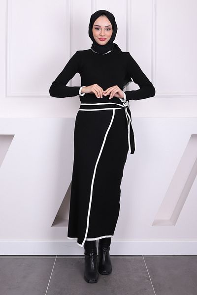 İmajButik Μαύρο Πλεκτό Φόρεμα με Δαντέλα με Λεπτομέρεια Κορδόνι