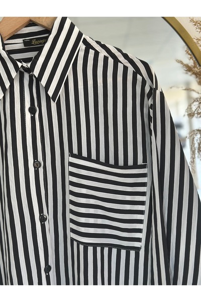 Ebrar Store Esra Front Short Back Long Stripe Shirt-Mf469 Black
