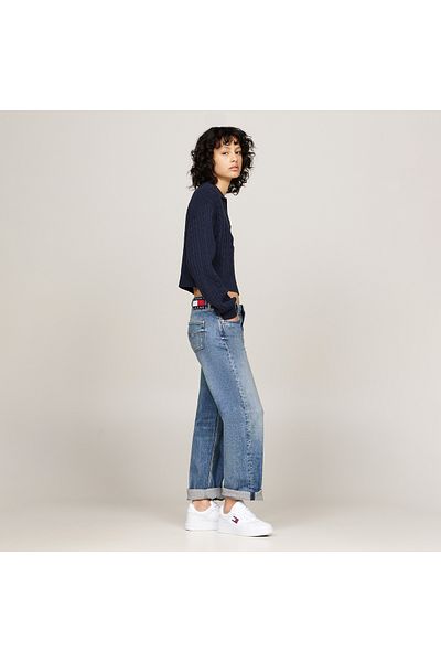 Tommy Hilfiger Λευκό δερμάτινο γυναικείο αθλητικό παπούτσι - Λογότυπο επωνυμίας, εξωτερική σόλα από καουτσούκ, περιστασιακή χρήση, En0en02505-ybs