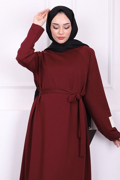 İmajButik Burgundy Waist Belted Crew Neck Dress