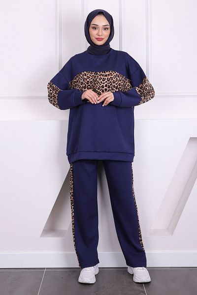 İmajButik Σετ παντελόνι τουνίκ Navy Blue Leopard Modal