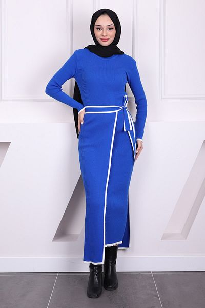 İmajButik Φόρεμα Saks Blue Side Lacing Λεπτομερές διπλό πλεκτό φόρεμα με κορδόνια