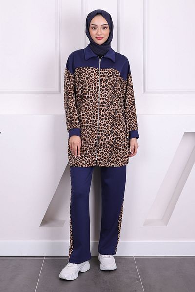 İmajButik Σετ παντελόνι με μπλε ναυτικό μέσης μαζευμένο Modal Tunic