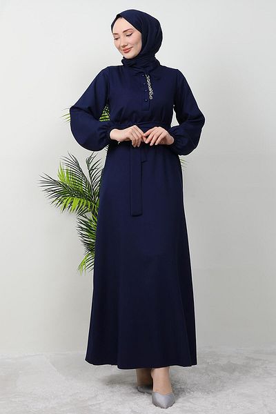 GİZ AGİYİM Navy Blue Dress - Chain Button Detail