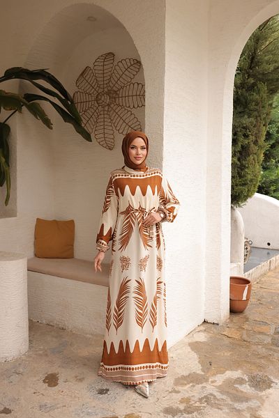 Zaure Women's Hijab Leaf Patterned Belted Viscose Dress