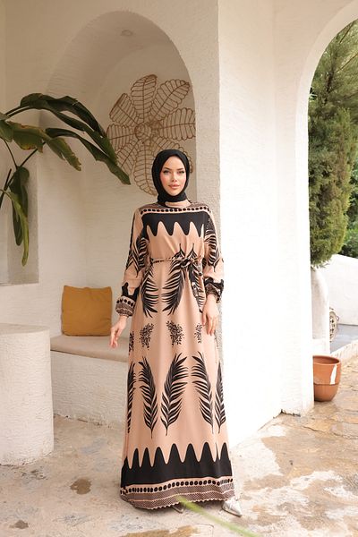 Zaure Women's Hijab Leaf Patterned Belted Viscose Dress