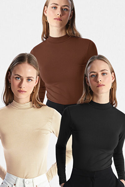 VODENS Femei Negru Maro Bej 3 piese Guler Stand Mânecă Lungă Corp Ultra Moale