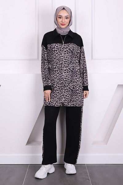 İmajButik ΜΑΥΡΟ ΓΚΡΙ Κοστούμι παντελόνι με κορδόνι μέσης Modal Tunic