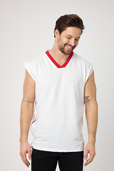 rammers V-Neck Ribbed Zero Sleeve T-Shirt with Stripe Detail