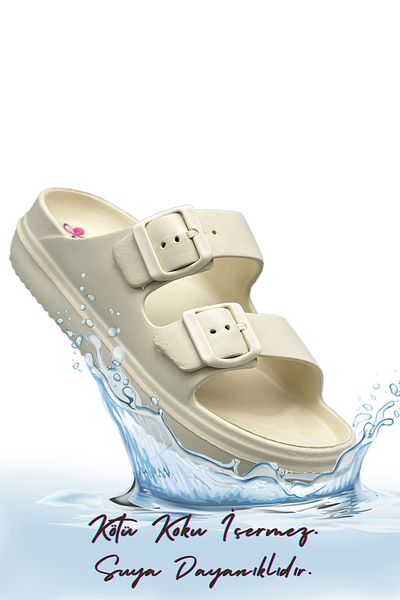 sermoda Papuci Eva pentru chiuvetă ușoare - Papuci de plajă și piscină de vară cu cataramă dublă - Ecru