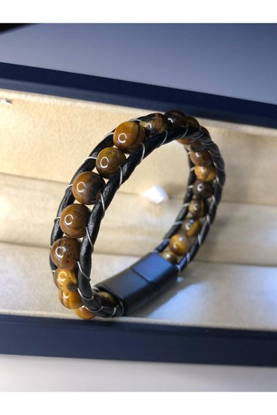 vogutima Men's Natural Stone Bracelet - Natural Stone Tiger's Eye Double Leat...