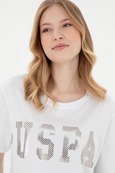 U.S. Polo Assn. Tricou de bază alb cu decolteu pentru femei 50300850 -vr013
