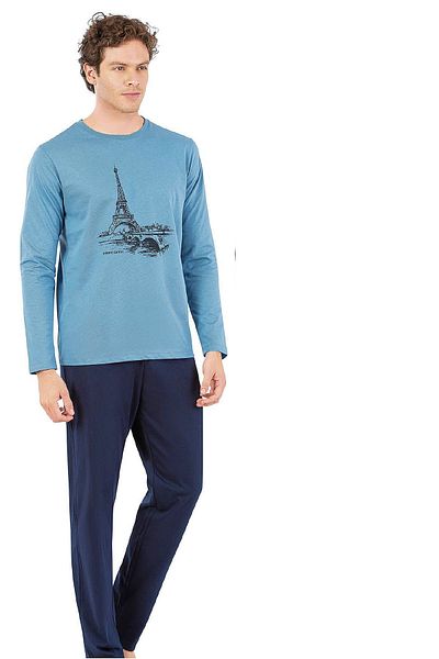 Pierre Cardin 6064 Ανδρικό μακρυμάνικο σετ πιτζάμα με λαιμόκοψη-μπλε
