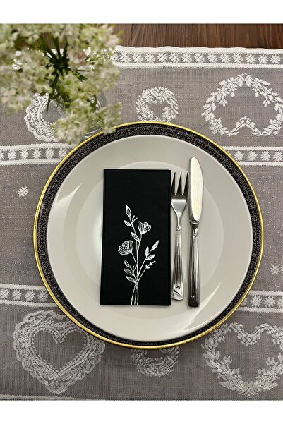 kidspartim Gümüş Yaldızlı Siyah Gelincik Çiçeği Baskılı Garson Katlama Peçete...