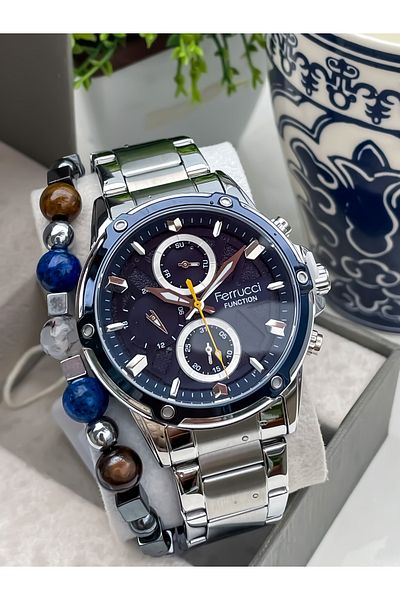 Ferrucci Multifunction Waterproof Chronometer Steel Case Steel Cord Men's Wristwatch