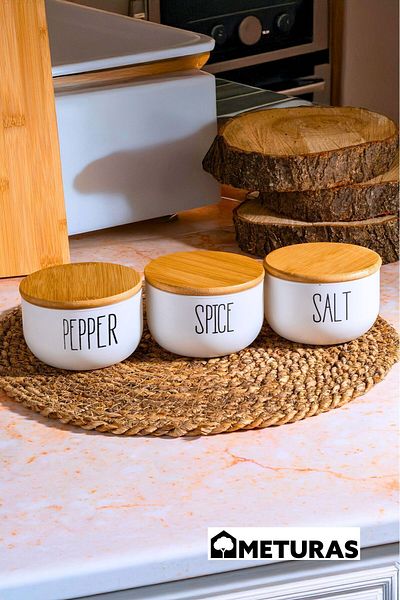 Meturas 3-Piece 370 ml Bamboo Vacuum Airtight Set - Cylinder Lid and Glass Jar Spice