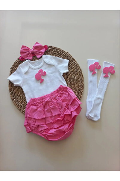 Grande Home Kız Bebek Pembe Kalp Fırfır Bandana Çorap Takım