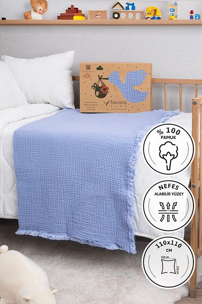 FAVORA 4 Layer Muslin Baby Blanket - 100% Cotton, 110x110 cm, Blue