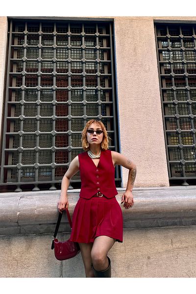 Bak'ap Pleated Belted Burgundy Shorts Skirt Vest Set of 2