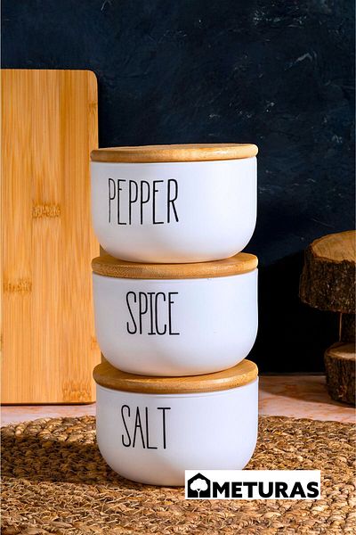 Meturas 3-Piece 370 ml Bamboo Vacuum Airtight Set - Cylinder Lid and Glass Jar Spice