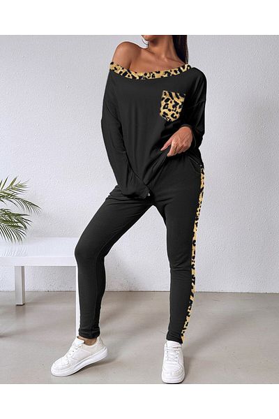modaserdem Women's Long Sleeve Leopard Detail Viscose Two Thread Double Suit