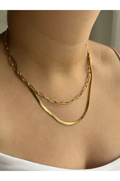 Owentis Çelik Gold Ataç ve İtalyan Zincir Kendinden Kombin Mace Kolye -kararm...