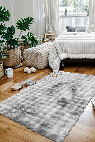 SARAZ HALI Renkli Bubble Tavşan Tüyü İthal Kaymaz Yumuşak Tüylü Tona Ton Gri