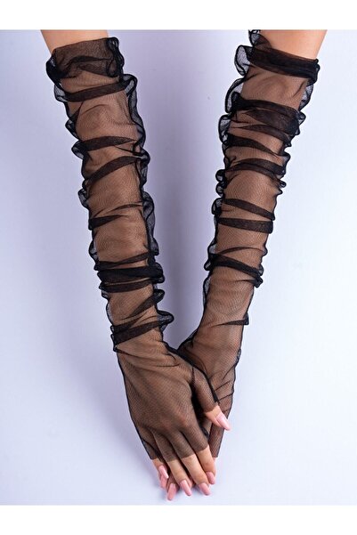 JetDukkan Дълги черни тюлени ръкавици с отрязани пръсти за парти.