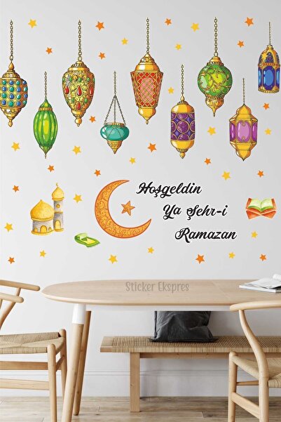Sticker Ekspres Renkli Ramazan Kandilleri Ve Hilal Cam Duvar Kapı Sticker Seti