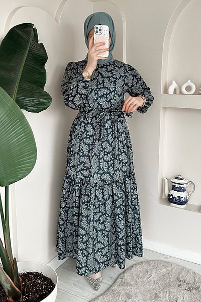 ModaAycan Navy Blue Layered Print Twig Dress - Ma275