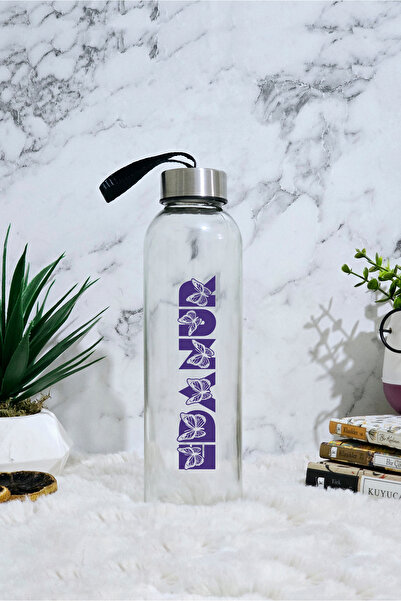 GUPSE İsme Özel Kelebek Tasarımlı Cam Su Şişesi & Matara Siyah Kılıf Hediyeli