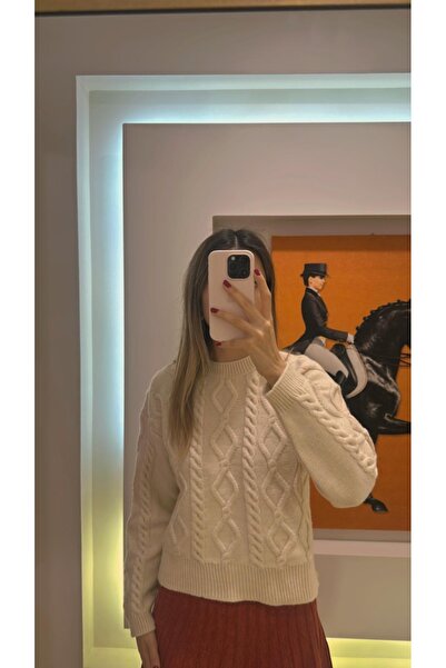 todays co Krem Bisiklet Yaka Balıksırtı Desenli Triko Kazak