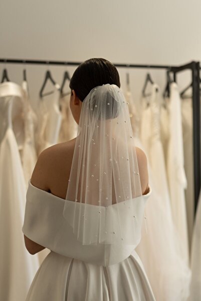 JetDukkan Voal de mireasă cu perle de 55 cm - Voal de mireasă scurt și dens