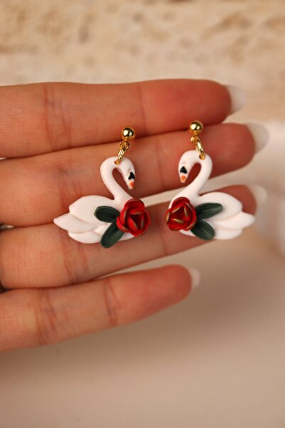 Gizy Store Polymer Clay White Swan Rose Detailed Earrings Valentines Day Gift