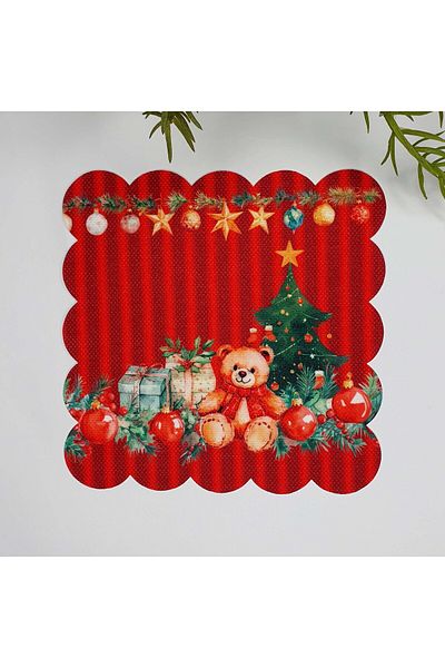 DECO New Year Concept Teddy Patterned Laser Cut Washable Cocktail Napkin