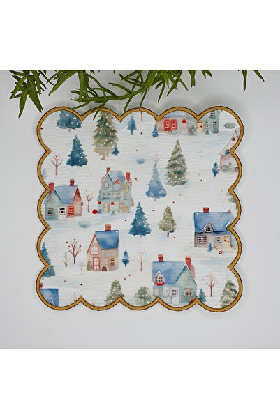 Genel Markalar Sulu Boya Evler, Ağaçlar ve Kış Manzara Tasarımlı Nakış Kenar ...