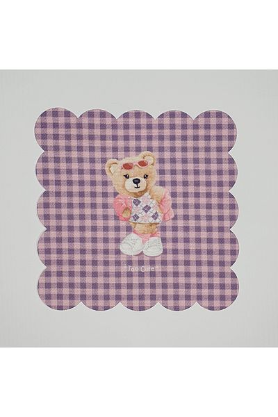 DECO Lilac Gingham Ground Cool Teddy Bear Patterned Digital Printed Laser Cut Cocktail Napkin