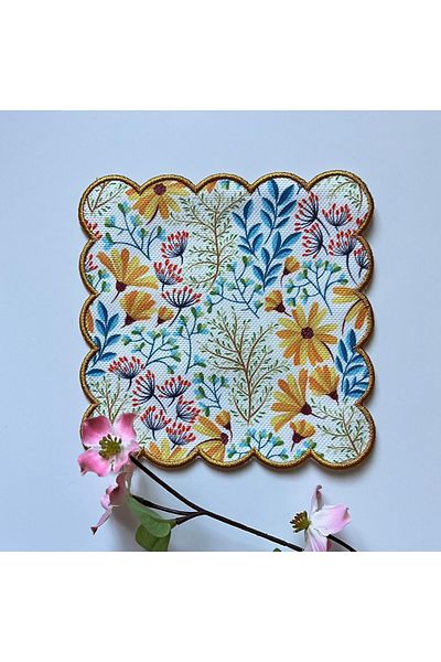 DECO Digital Printed Wild Flower Pattern - Mustard Embroidered Cocktail Napkins