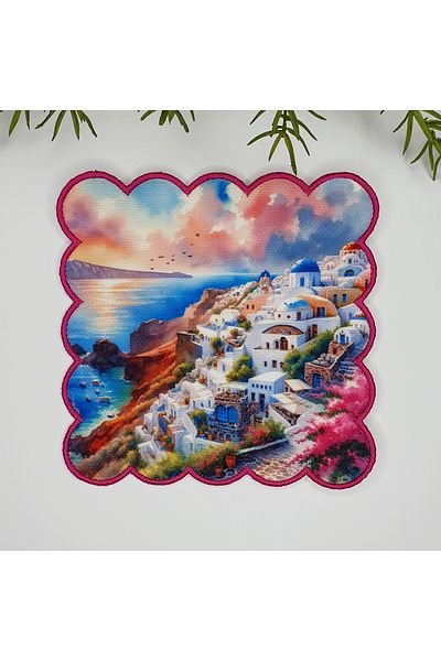 DECO Santorini Scenic Embroidered Water Color Cocktail Napkin - 1 Piece