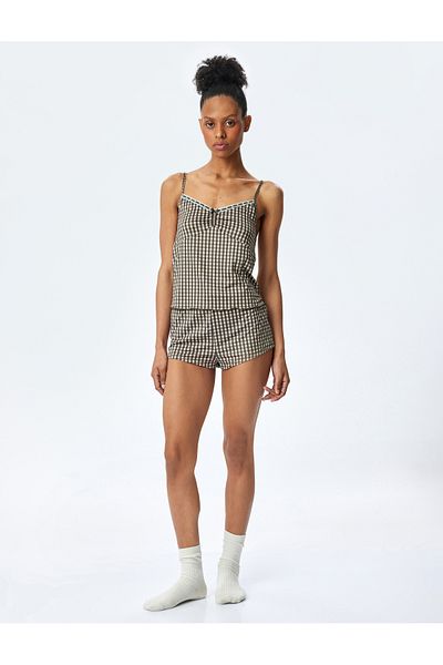 Koton New Season V-Neck Thin Strap Gingham Patterned Pajama Top
