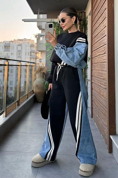 trendalisse Set de damă din denim Garnish Palazzo Bottom Top