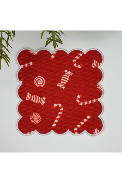DECO Red Background Christmas Candy Patterned Embroidery Edge Cocktail Napkin Washable 1 Piece