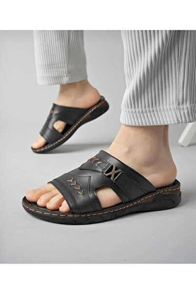 mustey Yumuşak deri ortopedik taban dikişli ultra lüks erkek terliği