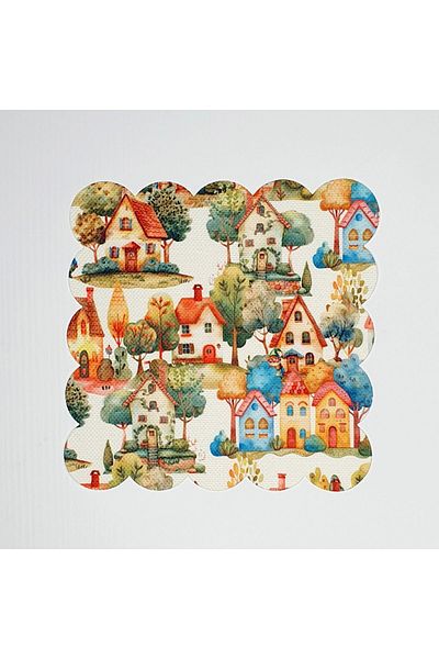 DECO Laser Cut Washable Cocktail Napkin with Autumn Village View