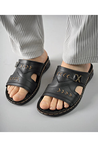 mustey Yumuşak deri ortopedik taban dikişli ultra lüks erkek terliği