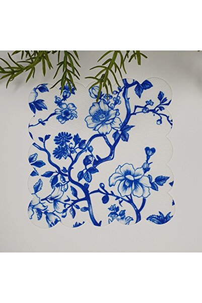 decofav Mavi Çiçekler Ve Dallar Çini Stili Desenli Lazer Kesim Kumaş Kokteyl ...