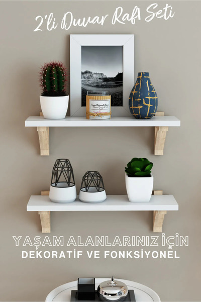 Home Beyaz Ahşap 2'li Duvar Rafı Seti - Çok Amaçlı Dekoratif Raf, Duvar / Kit...