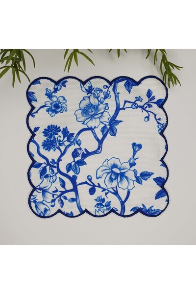 decofav El Çizimi Mavi Çiçekler ve Dallar Tasarım Nakış Kenar Yıkanabilir Kok...
