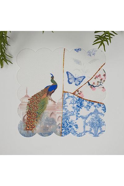 DECO Peacock and Tile Patterned Digital Printed Fabric Cocktail Napkin 1 Piece